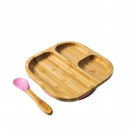Babyboss - Fyrkantigt Matset i Bambu med Sugpropp inkl. Sked, Rosa