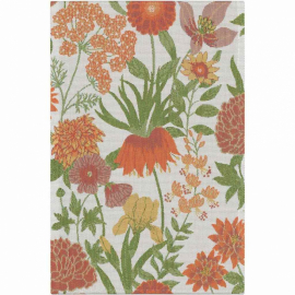 Vävd handduk med vårigt blommotiv i detalj