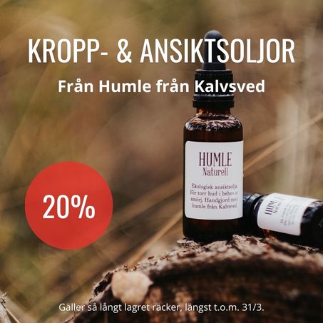 20% på ansiktsoljor och och kroppsoljor från Humle från Kalvsved 