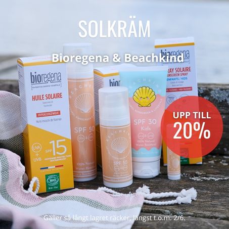 Upp till 20% på solkräm från bioregena och beachkind