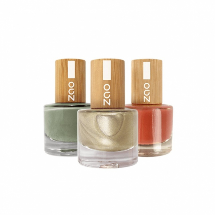 Tre nagellack i Khaki, Terracotta och Guld från Zao Organic Makeup