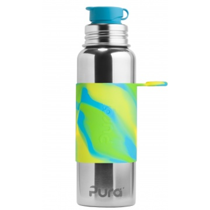 Pura - Sportflaska i Rostfritt med Silikonhölje 850 ml, Grön Swirl