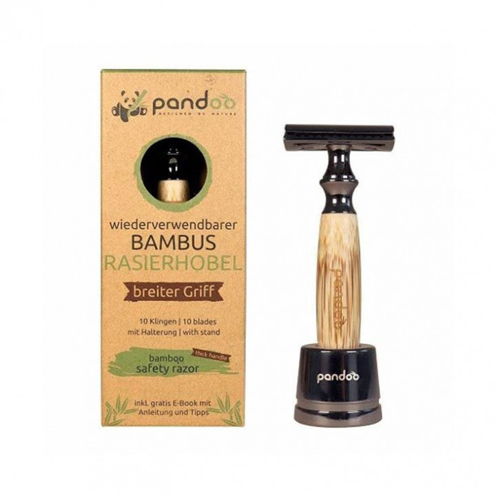 Pandoo - Säkerhetsrakhyvel i Bambu & Rostfritt Stål med Ställ, Tjock