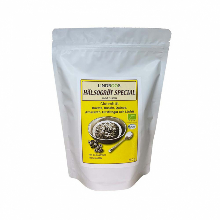 Förpackning med ekologisk Hälsogröt Special med russin från Lindroos