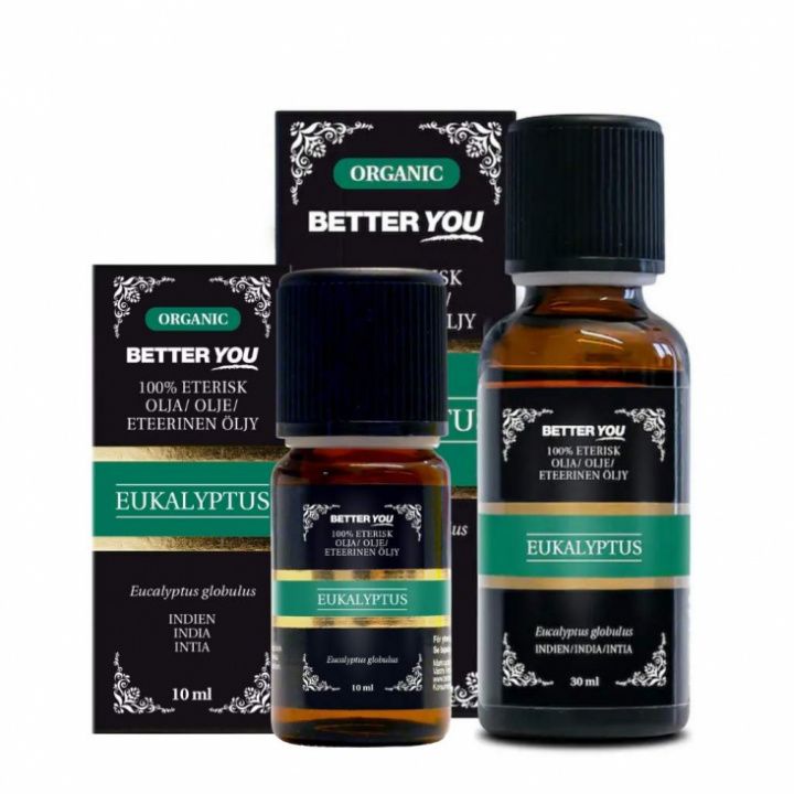 Flaska med ekologisk eterisk eukalyptusolja