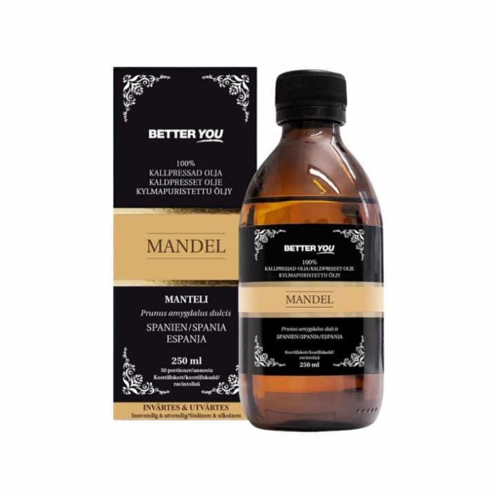 Glasflaska med mandelolja på neutral yta