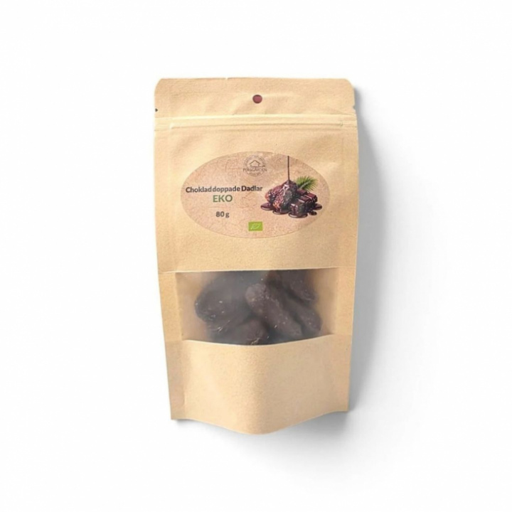 Chokladdoppade dadlar i förpackning med mörk choklad