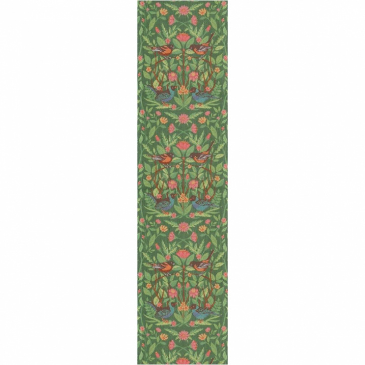 Bordslöpare med blommor och fåglar på grön bakgrund