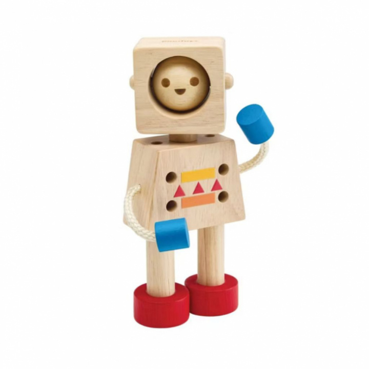Trärobot med roterande ansikte och olika känslouttryck